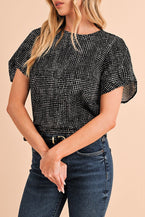 Black Dotted Puff Sleeve Round Neck Blouse - Vesteeto