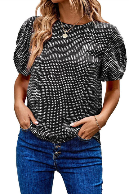 Black Dotted Puff Sleeve Round Neck Blouse - Vesteeto