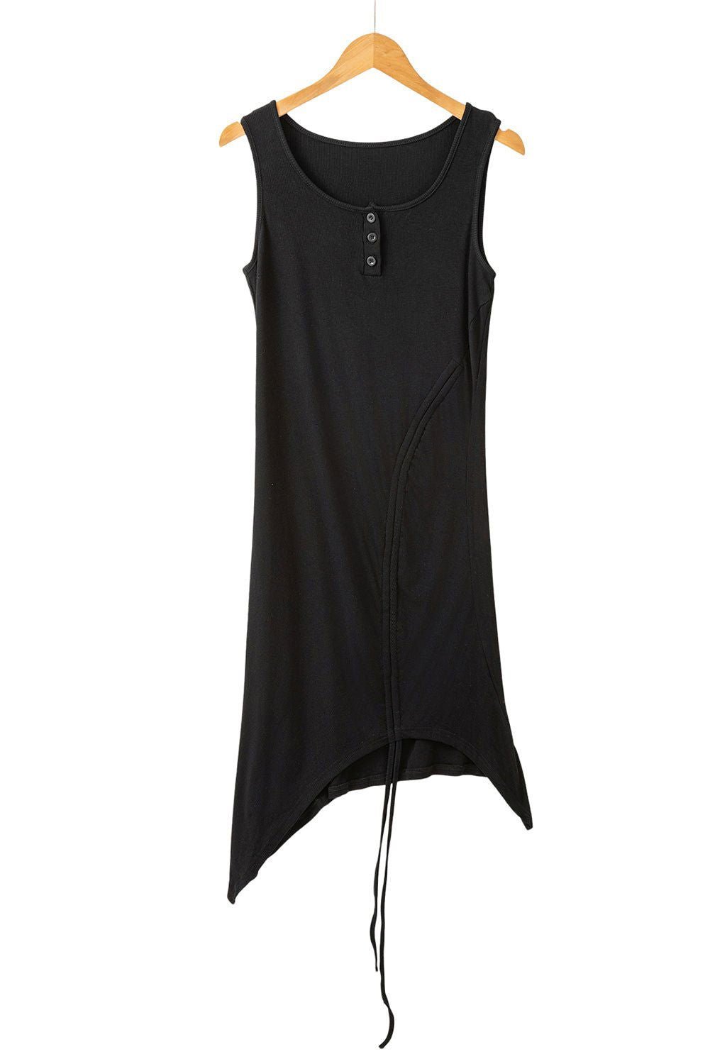 Black Drawstring Ruched Side Split Ribbed Midi Dress - Vesteeto