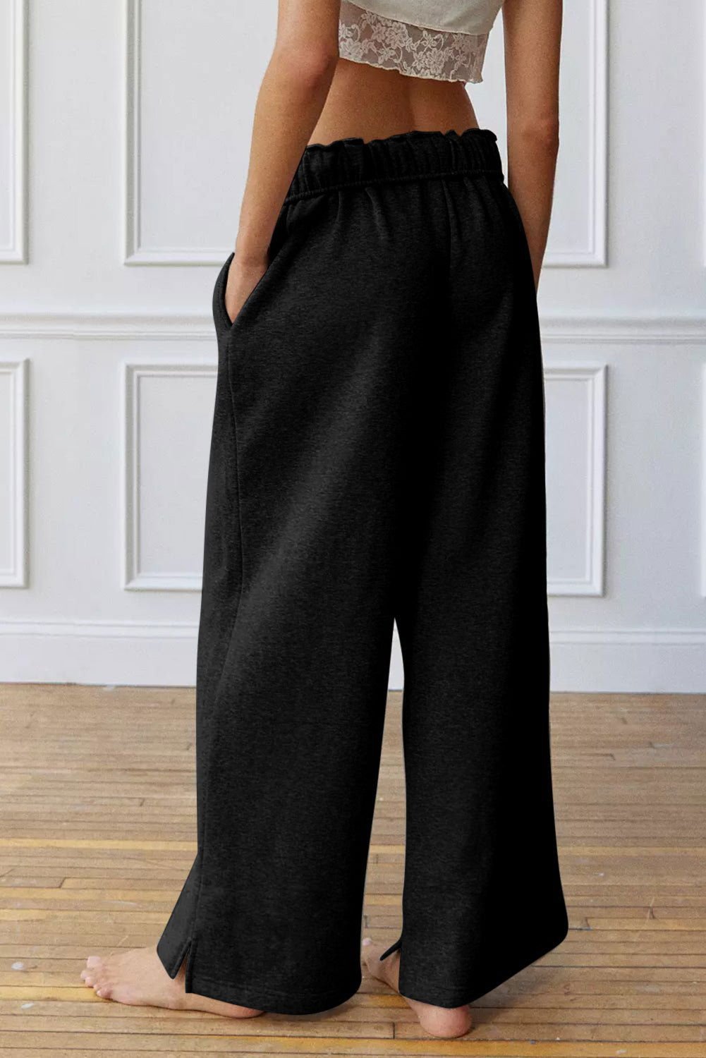 Black Elastic High Waist Drawstring Wide Leg Pants - Vesteeto