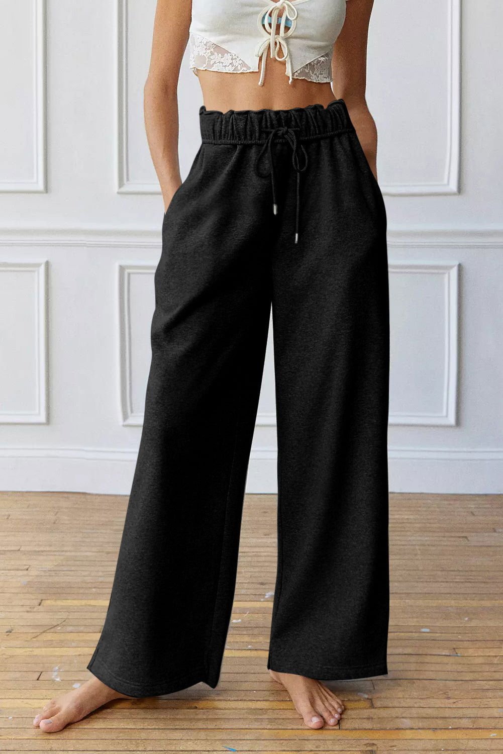 Black Elastic High Waist Drawstring Wide Leg Pants - Vesteeto