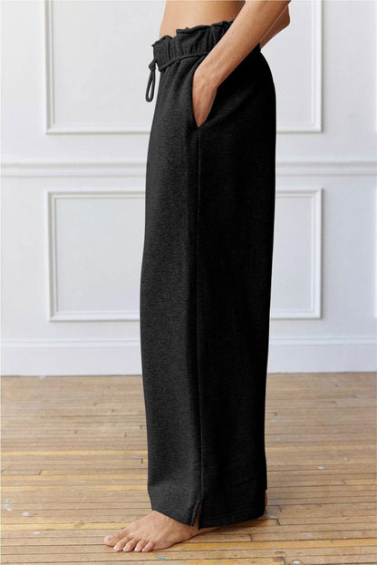 Black Elastic High Waist Drawstring Wide Leg Pants - Vesteeto