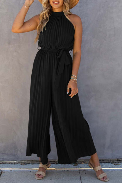 Black Elegant Halter Neck Belted Pleated Wide Leg Jumpsuit - Vesteeto