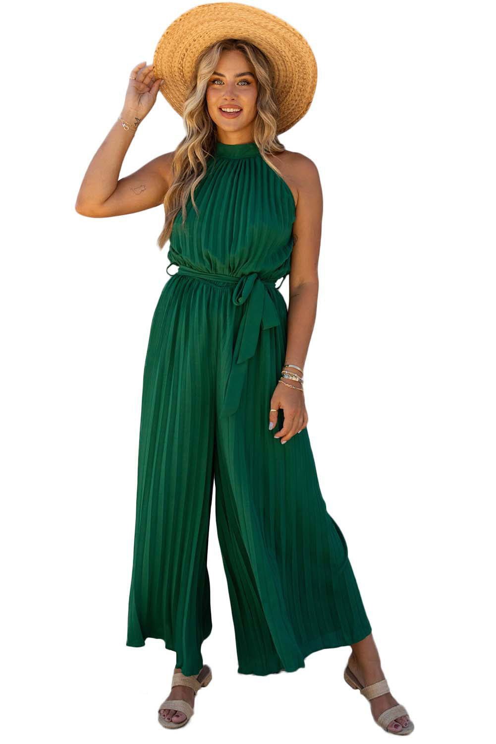 Black Elegant Halter Neck Belted Pleated Wide Leg Jumpsuit - Vesteeto