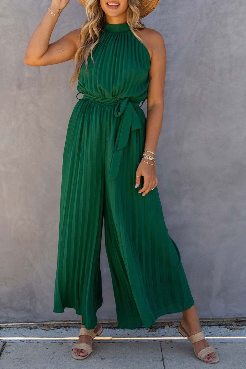 Black Elegant Halter Neck Belted Pleated Wide Leg Jumpsuit - Vesteeto