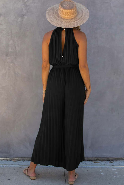 Black Elegant Halter Neck Belted Pleated Wide Leg Jumpsuit - Vesteeto