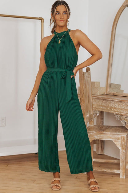 Black Elegant Halter Neck Belted Pleated Wide Leg Jumpsuit - Vesteeto