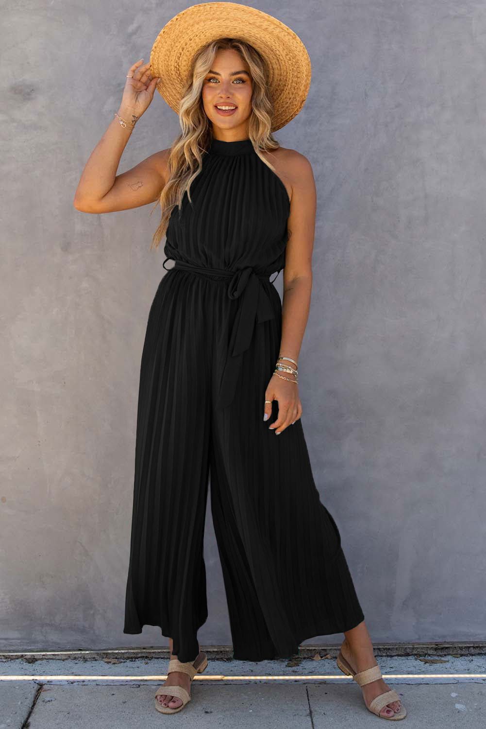 Black Elegant Halter Neck Belted Pleated Wide Leg Jumpsuit - Vesteeto