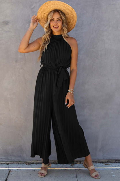 Black Elegant Halter Neck Belted Pleated Wide Leg Jumpsuit - Vesteeto