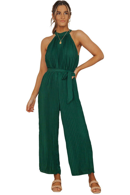 Black Elegant Halter Neck Belted Pleated Wide Leg Jumpsuit - Vesteeto