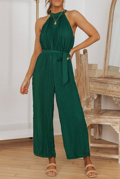 Black Elegant Halter Neck Belted Pleated Wide Leg Jumpsuit - Vesteeto