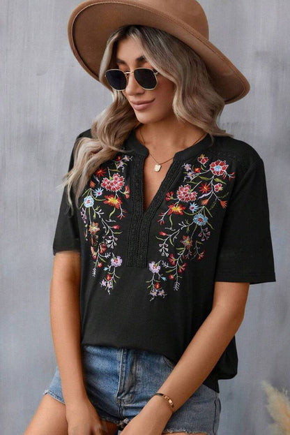 Black Embroidered Floral Boho V Neck Blouse - Vesteeto