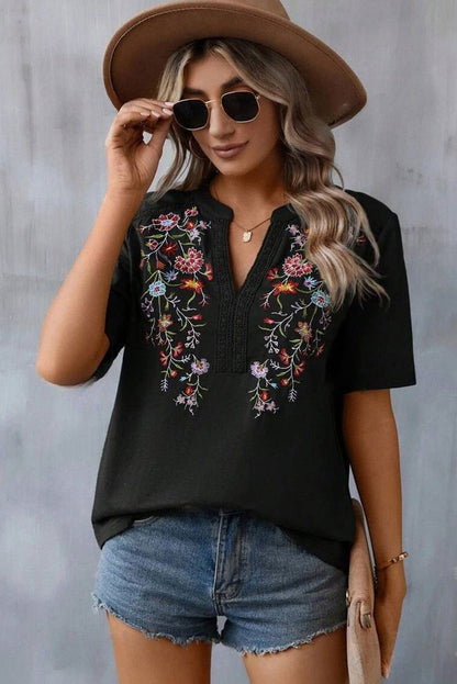 Black Embroidered Floral Boho V Neck Blouse - Vesteeto