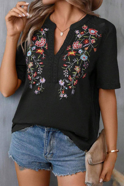 Black Embroidered Floral Boho V Neck Blouse - Vesteeto