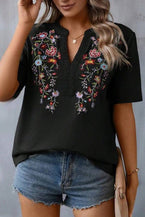 Black Embroidered Floral Boho V Neck Blouse - Vesteeto