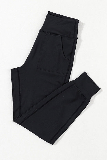 Black Exposed Seam High Waist Pocketed Joggers - Vesteeto