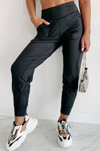 Black Exposed Seam High Waist Pocketed Joggers - Vesteeto