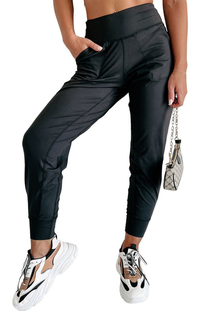 Black Exposed Seam High Waist Pocketed Joggers - Vesteeto