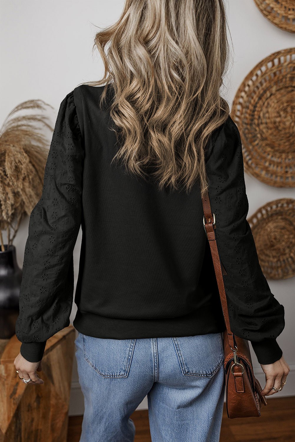 Black Eyelet Embroidered Patchwork Sleeve Ribbed Sweatshirt 