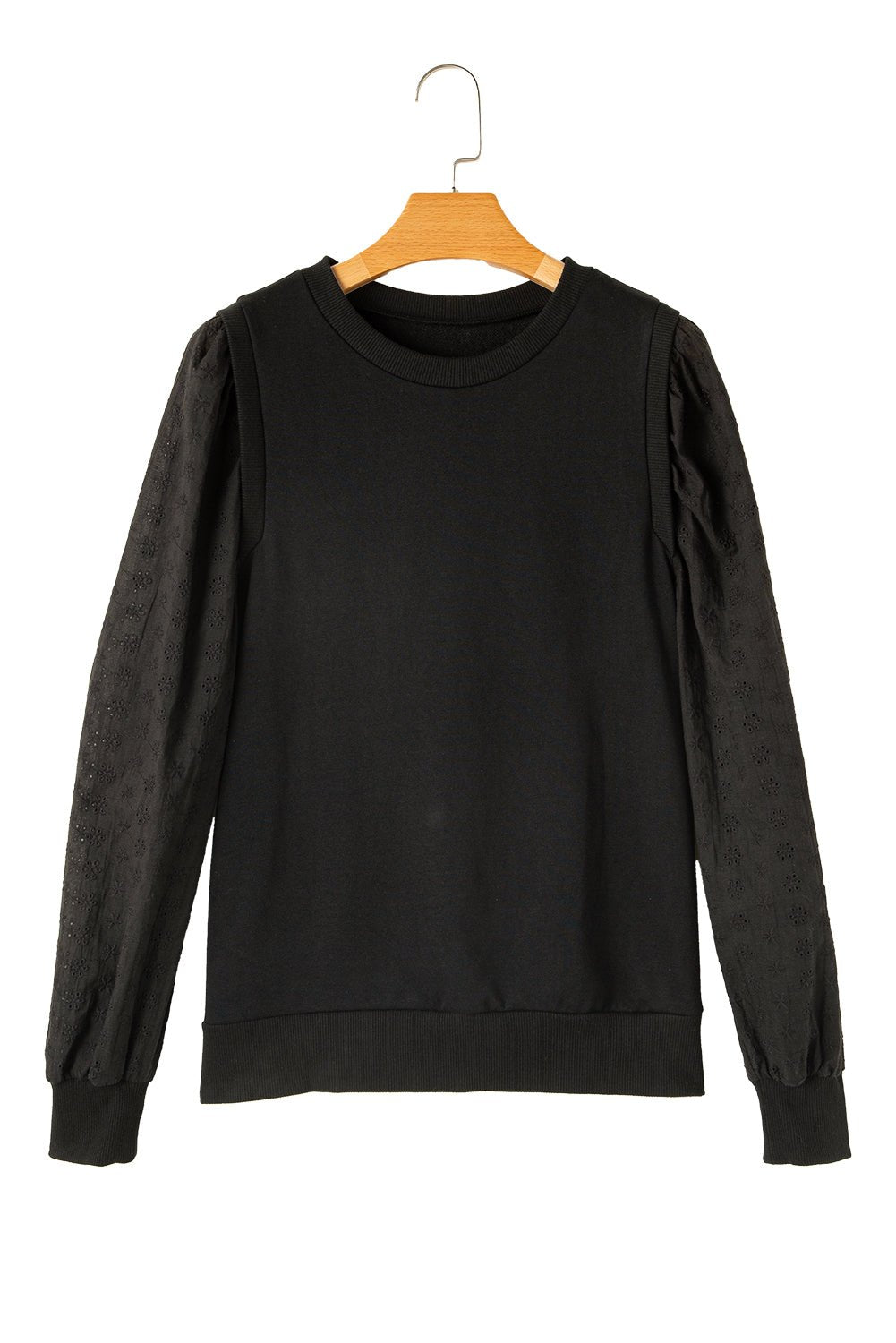 Black Eyelet Embroidered Patchwork Sleeve Ribbed Sweatshirt 