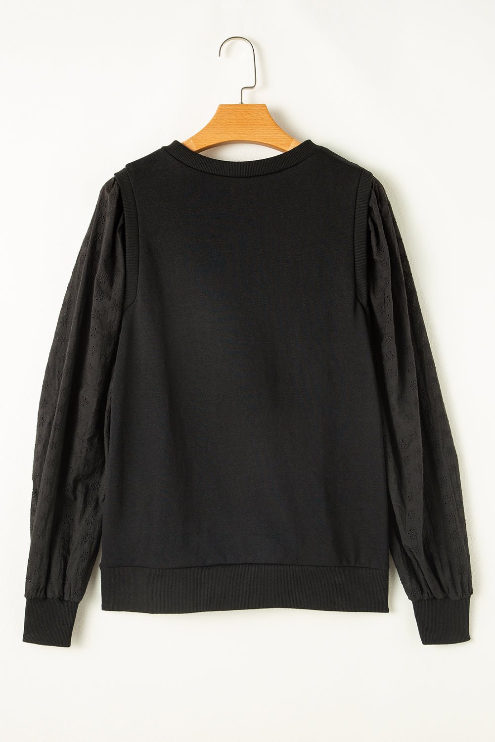 Black Eyelet Embroidered Patchwork Sleeve Ribbed Sweatshirt 