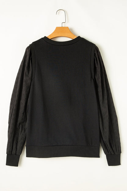 Black Eyelet Embroidered Patchwork Sleeve Ribbed Sweatshirt 