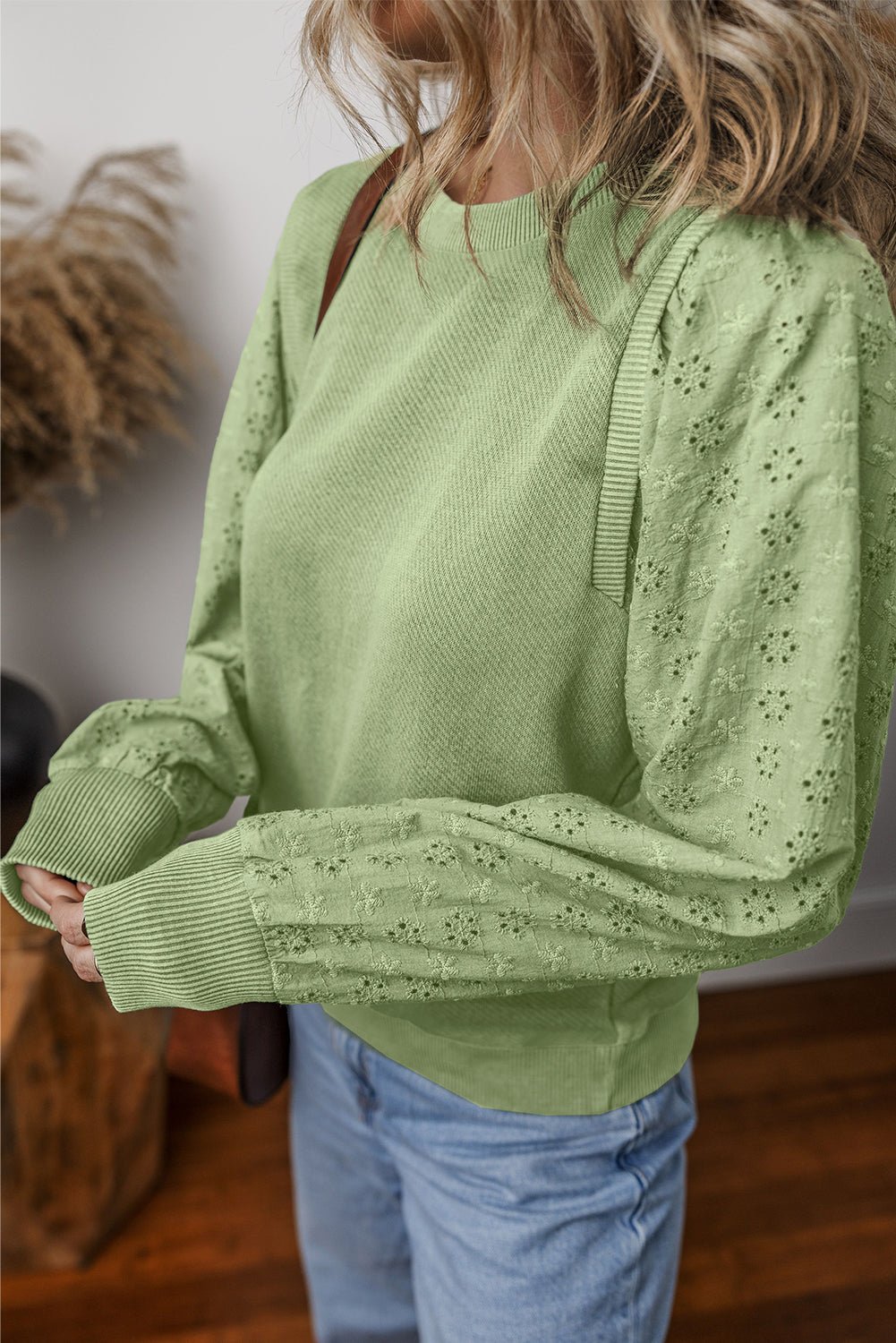 Black Eyelet Embroidered Patchwork Sleeve Ribbed Sweatshirt 