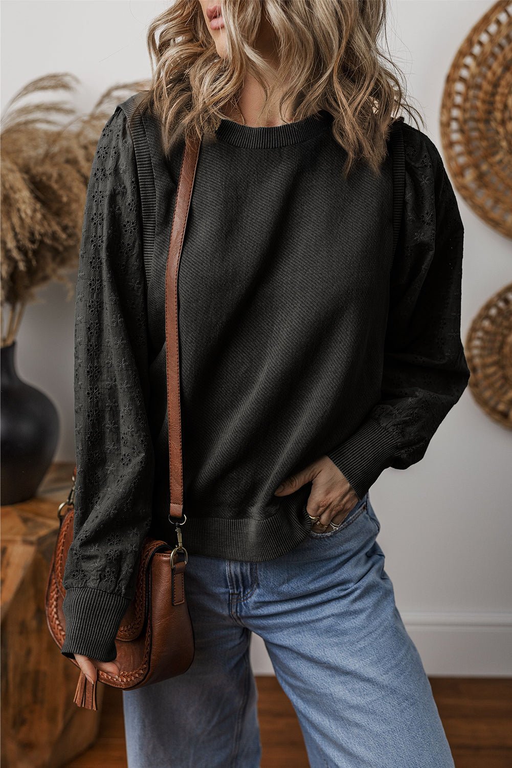 Black Eyelet Embroidered Patchwork Sleeve Ribbed Sweatshirt 