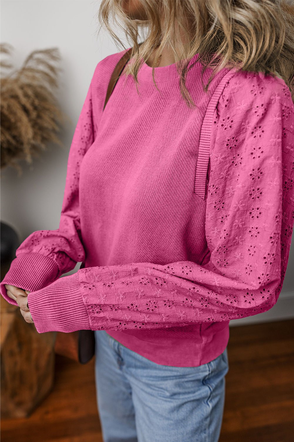 Black Eyelet Embroidered Patchwork Sleeve Ribbed Sweatshirt 