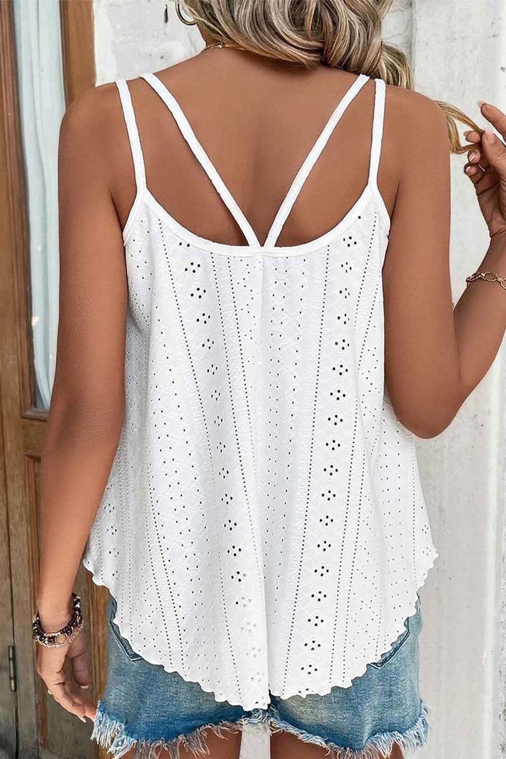 Black Eyelet Strappy Scoop Neck Cami Top - Vesteeto