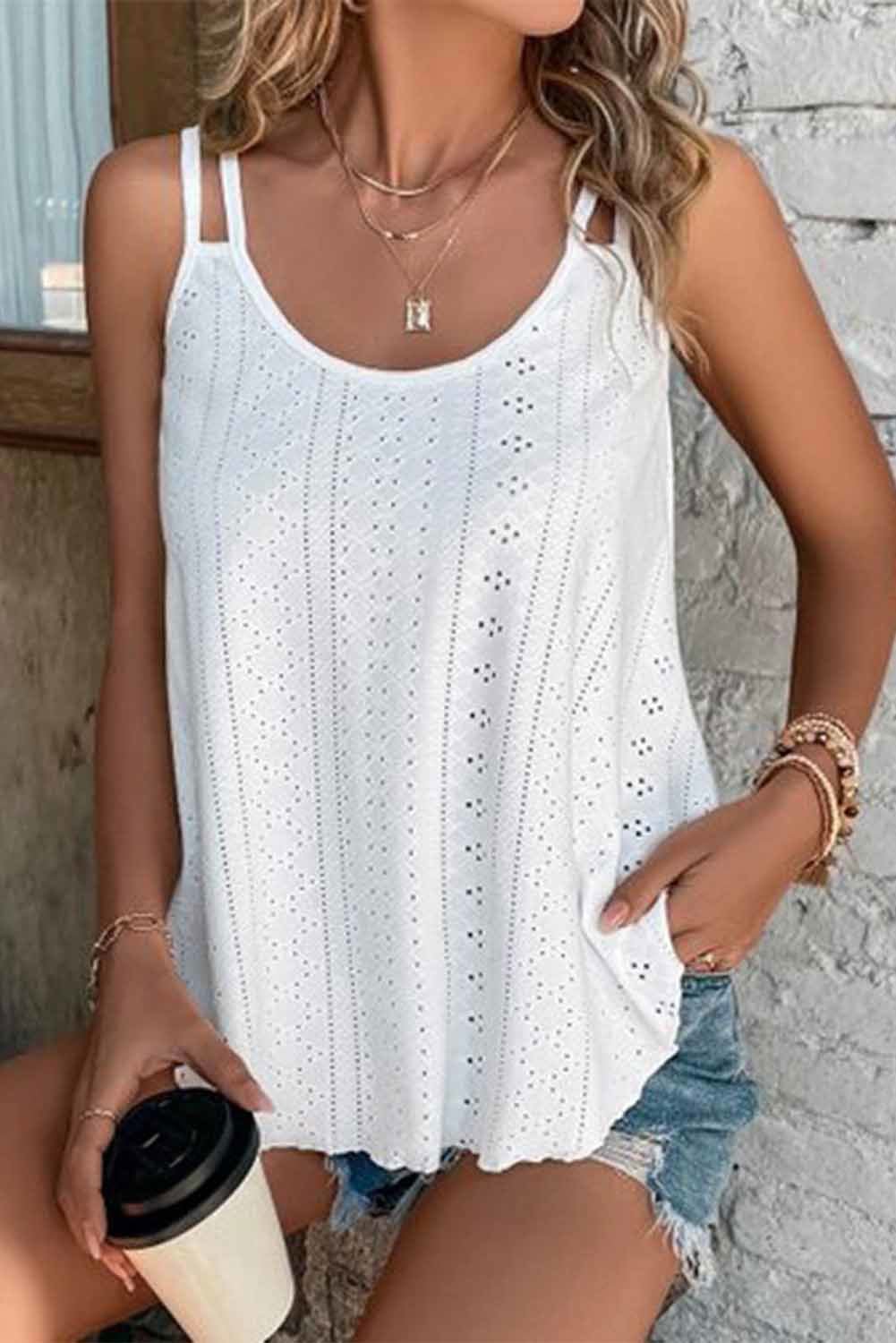 Black Eyelet Strappy Scoop Neck Cami Top - Vesteeto