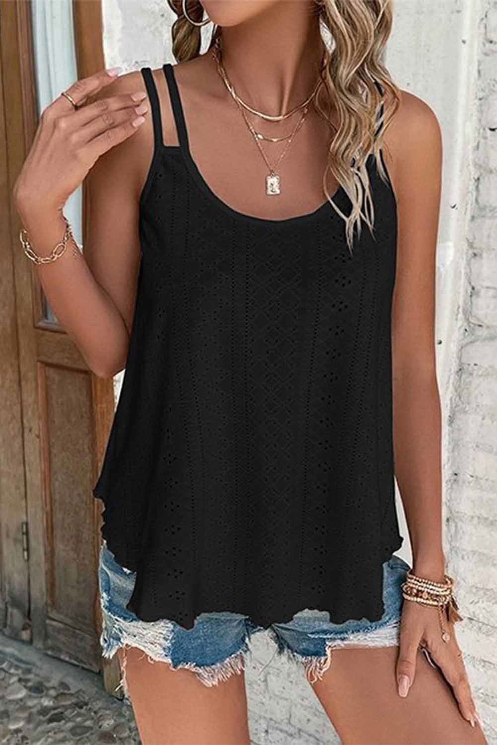 Black Eyelet Strappy Scoop Neck Cami Top - Vesteeto