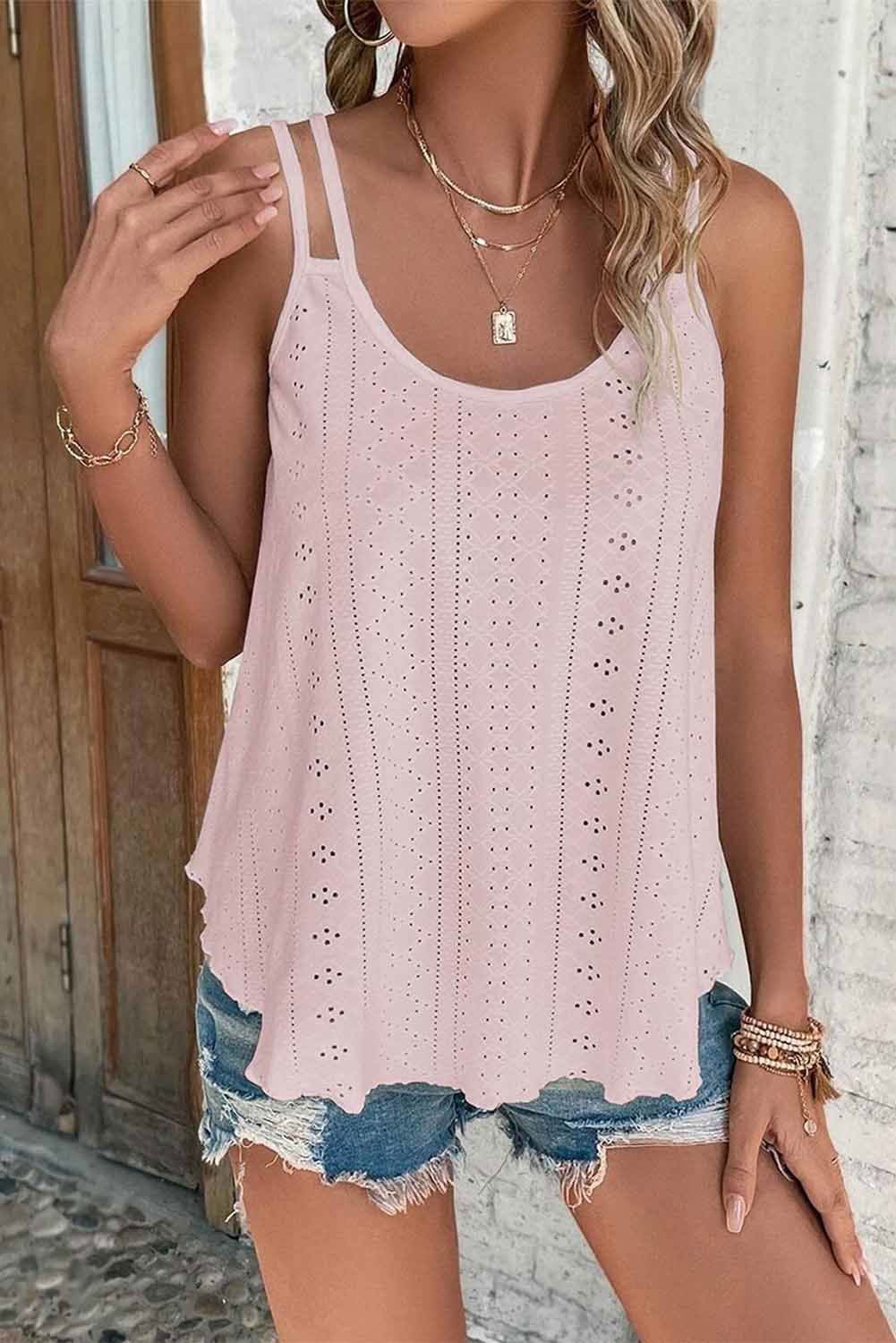 Black Eyelet Strappy Scoop Neck Cami Top - Vesteeto