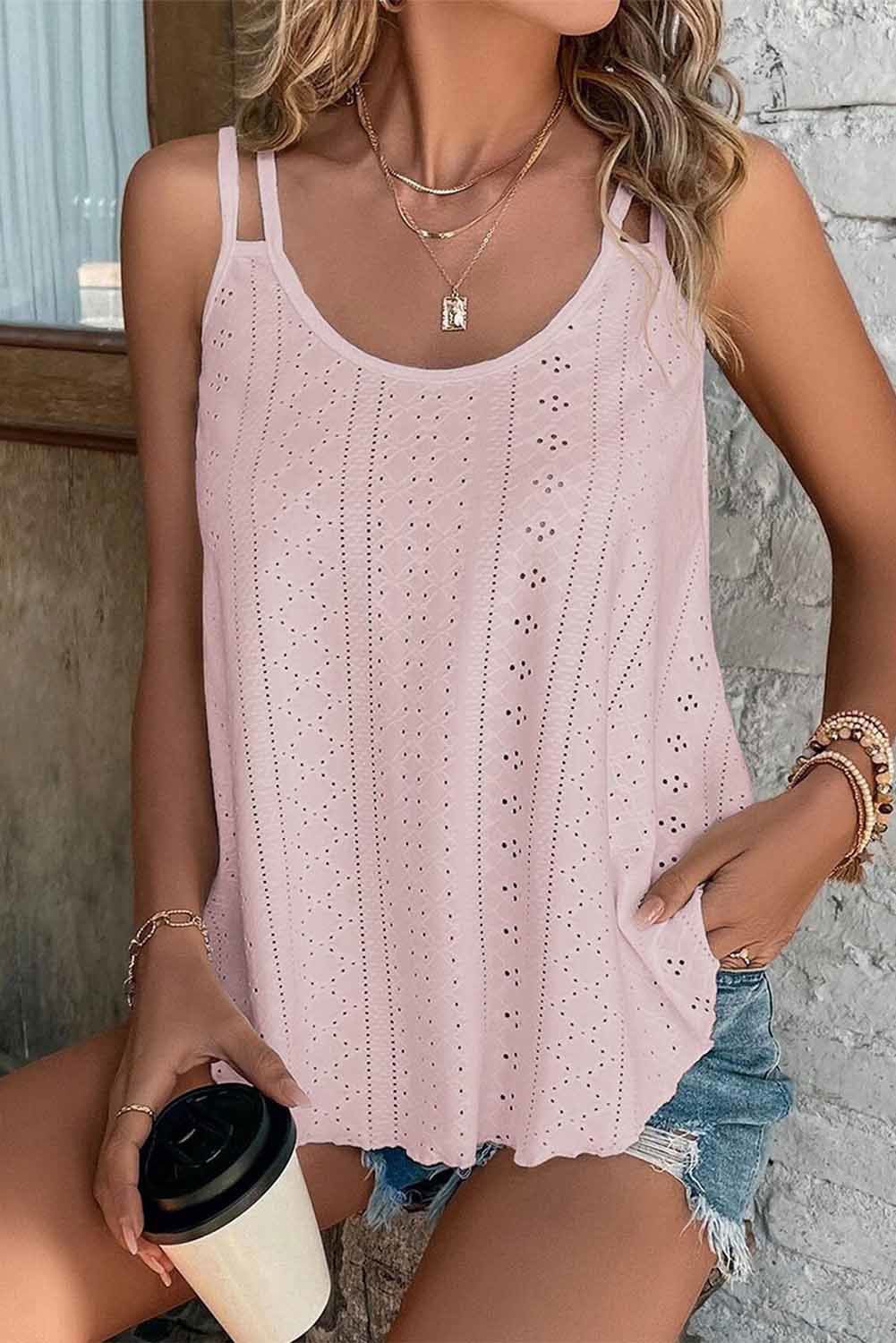 Black Eyelet Strappy Scoop Neck Cami Top - Vesteeto