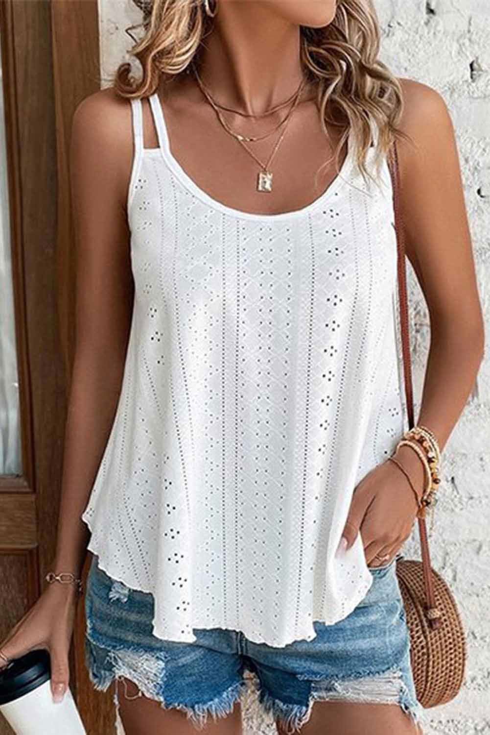 Black Eyelet Strappy Scoop Neck Cami Top - Vesteeto