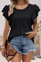 Black Eyelet Textured Ruffle Sleeve Short Sleeve Blouse - Vesteeto