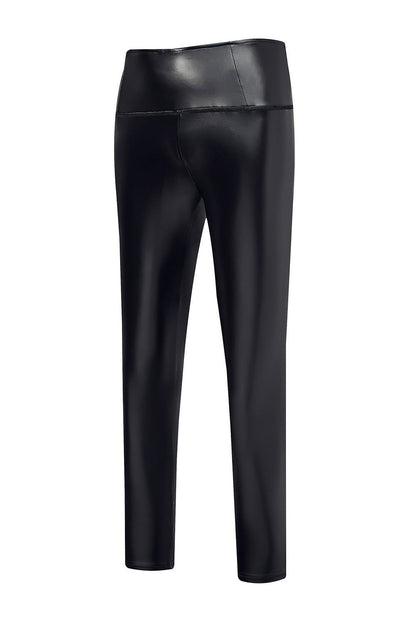 Black Faux Leather Casual High Waisted Leggings - Vesteeto