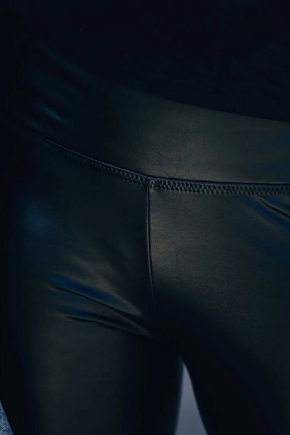 Black Faux Leather Casual High Waisted Leggings - Vesteeto