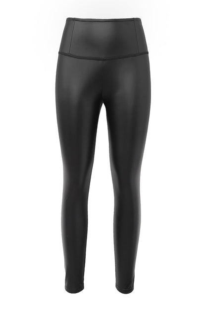 Black Faux Leather Casual High Waisted Leggings - Vesteeto