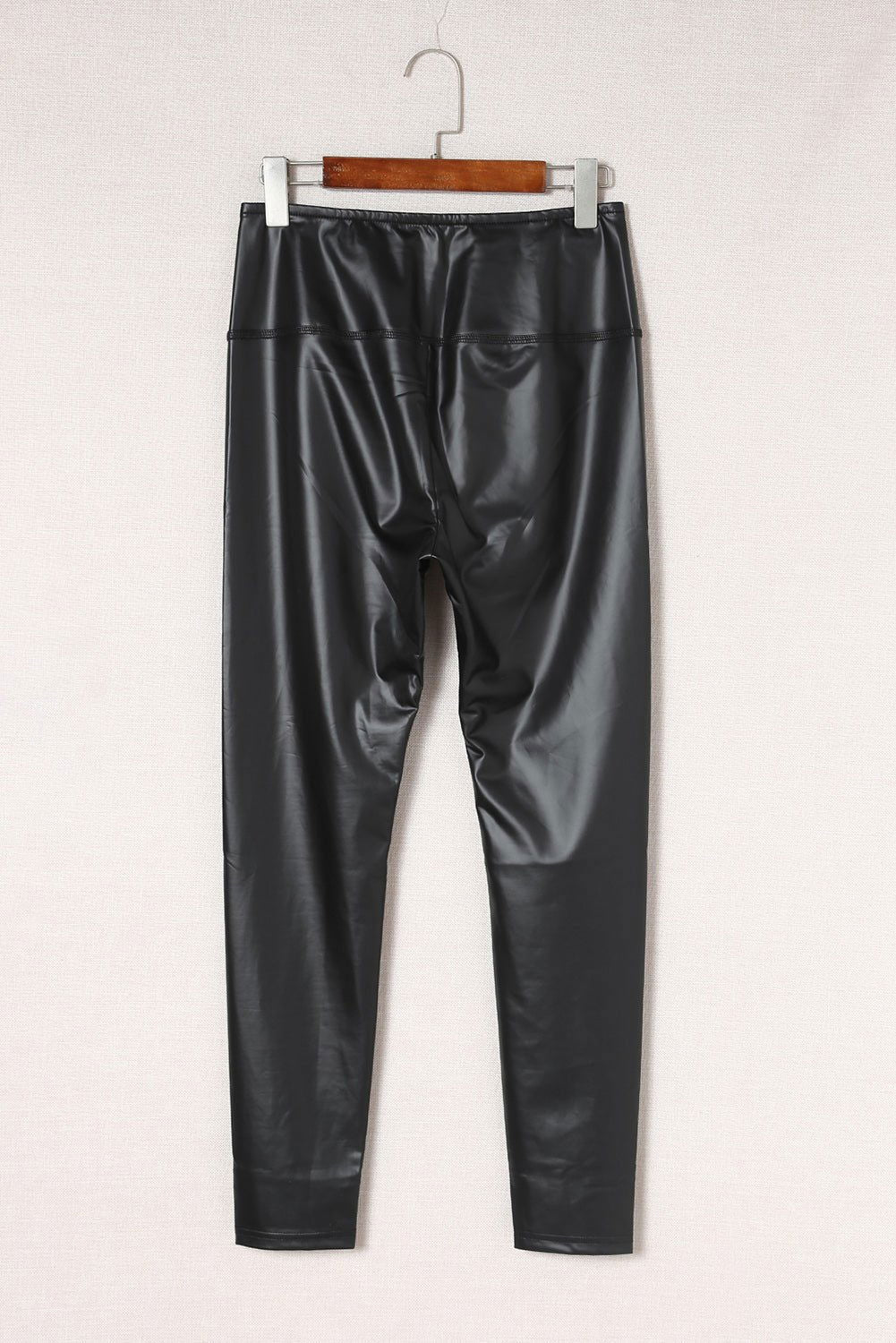 Black Faux Leather Casual High Waisted Leggings - Vesteeto