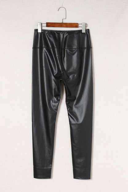 Black Faux Leather Casual High Waisted Leggings - Vesteeto