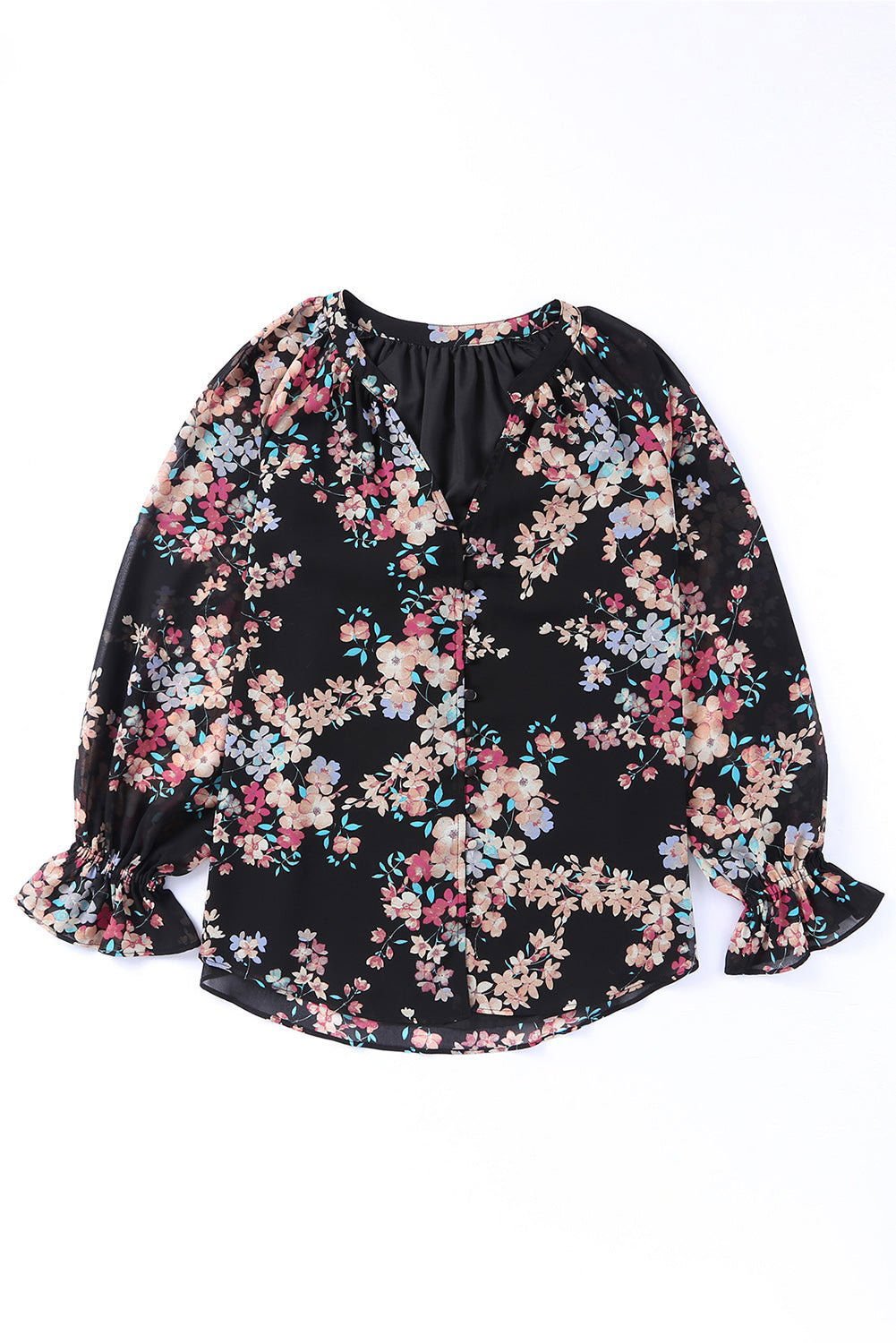 Black Floral Boho Chiffon Peasant Sleeve Blouse - Vesteeto