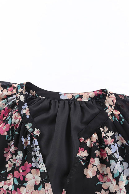 Black Floral Boho Chiffon Peasant Sleeve Blouse - Vesteeto