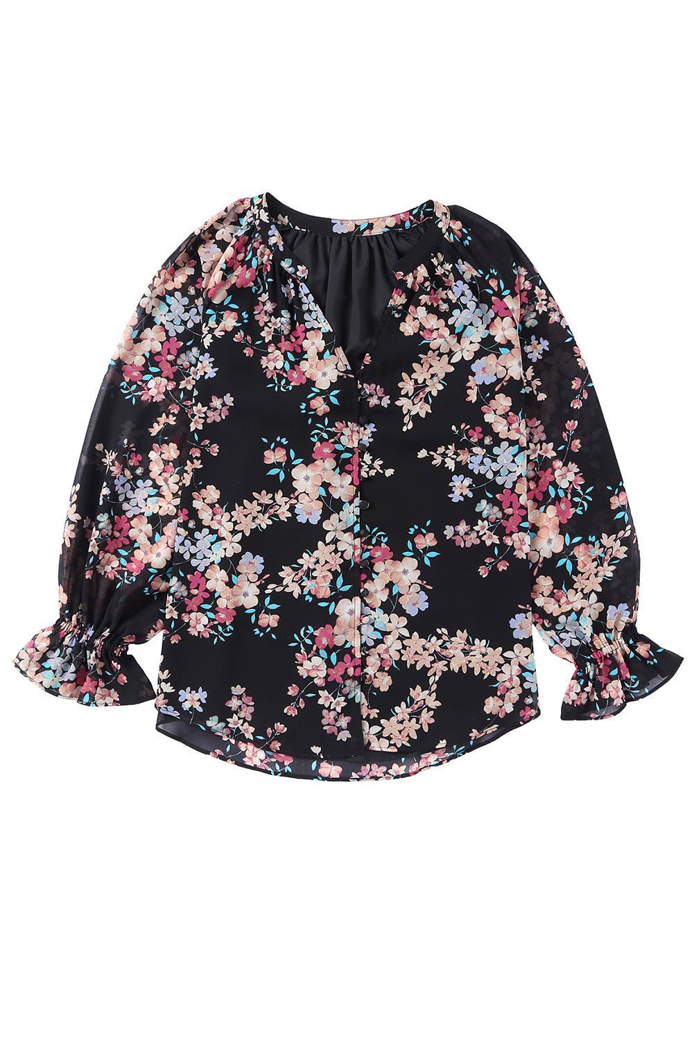 Black Floral Boho Chiffon Peasant Sleeve Blouse - Vesteeto