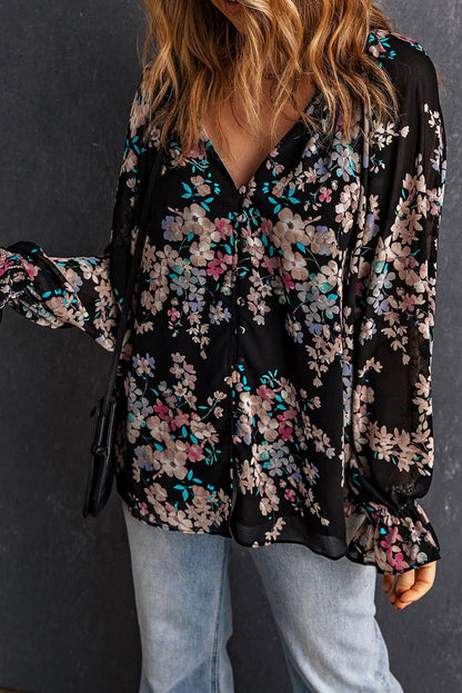 Black Floral Boho Chiffon Peasant Sleeve Blouse - Vesteeto