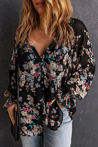 Black Floral Boho Chiffon Peasant Sleeve Blouse - Vesteeto