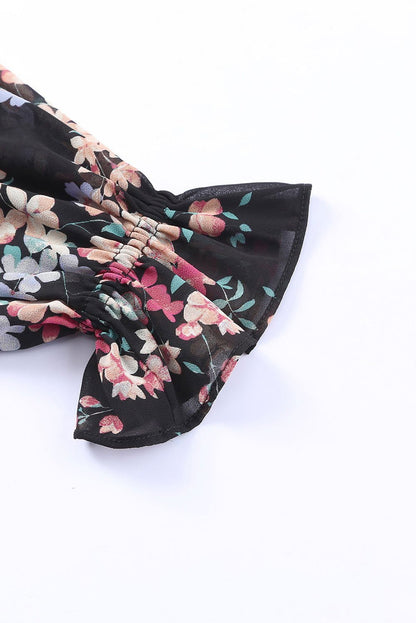 Black Floral Boho Chiffon Peasant Sleeve Blouse - Vesteeto