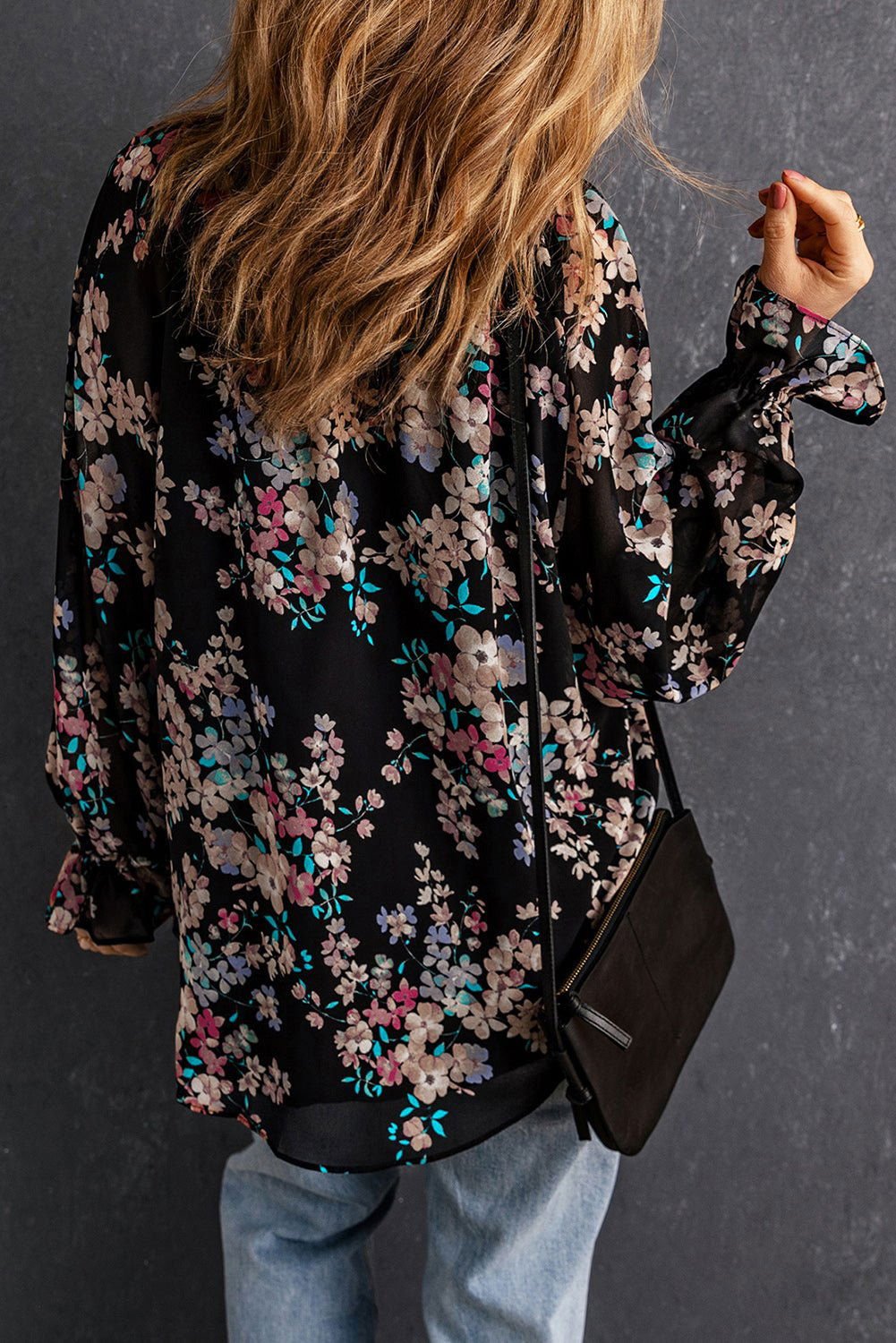 Black Floral Boho Chiffon Peasant Sleeve Blouse - Vesteeto