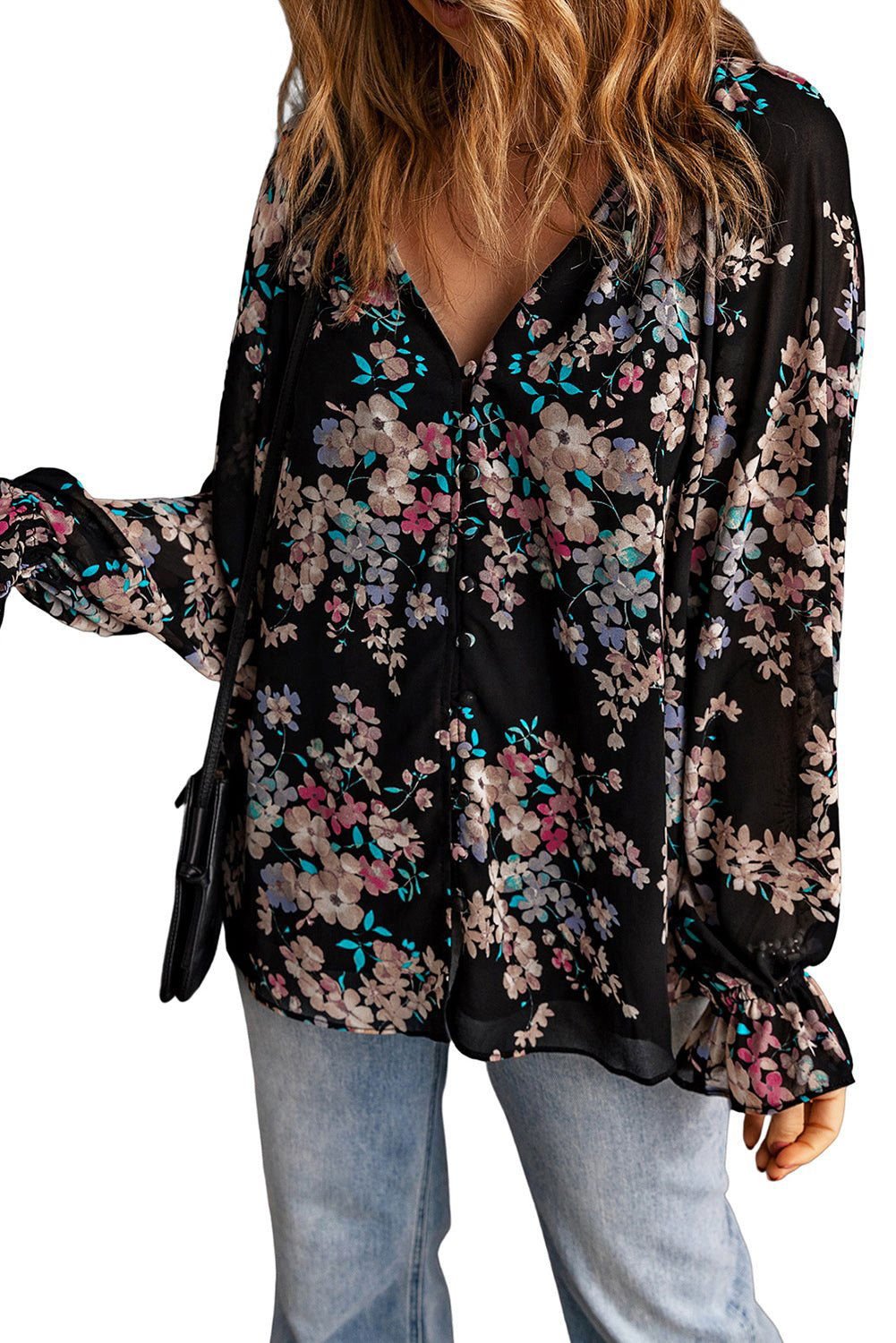 Black Floral Boho Chiffon Peasant Sleeve Blouse - Vesteeto