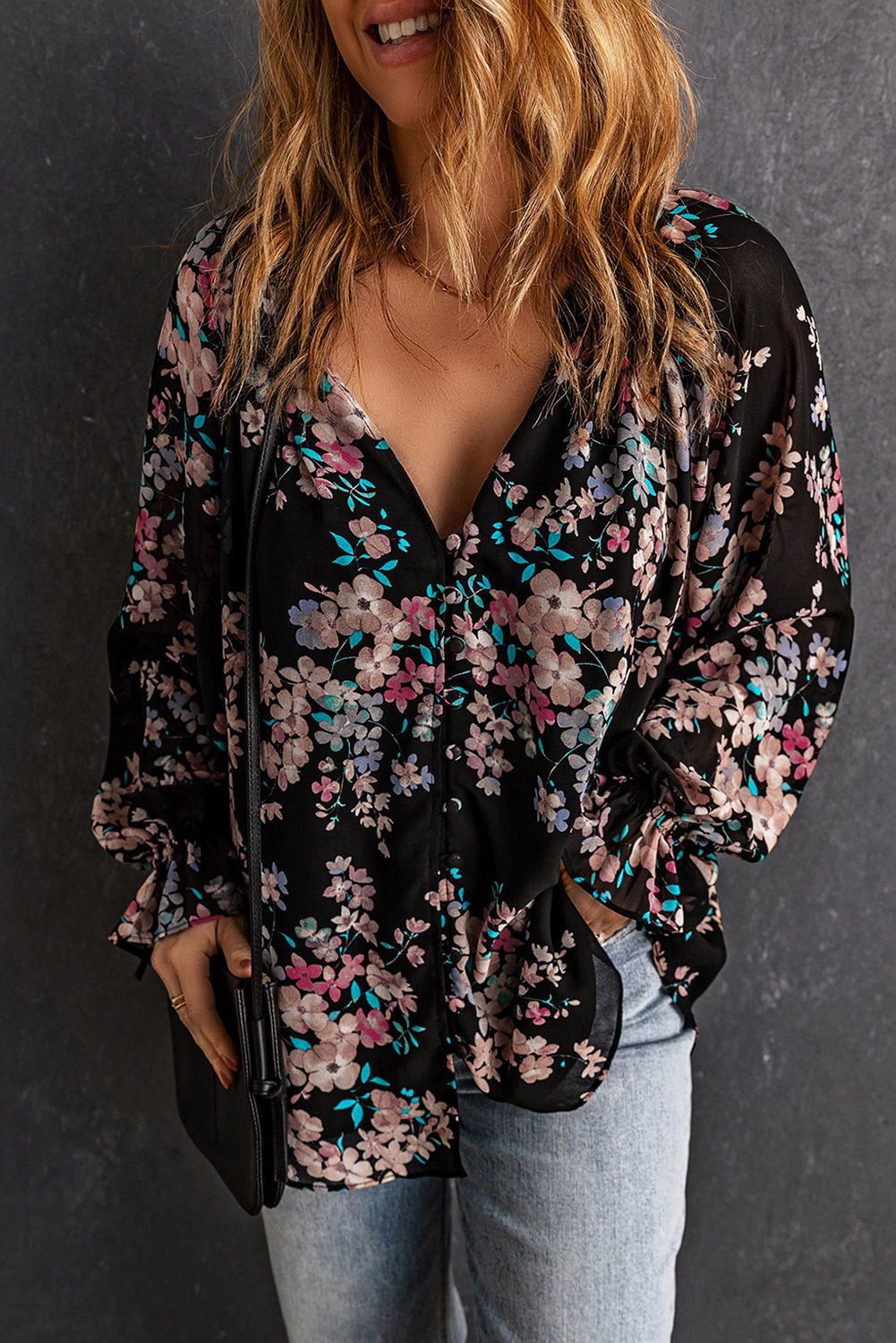 Black Floral Boho Chiffon Peasant Sleeve Blouse - Vesteeto